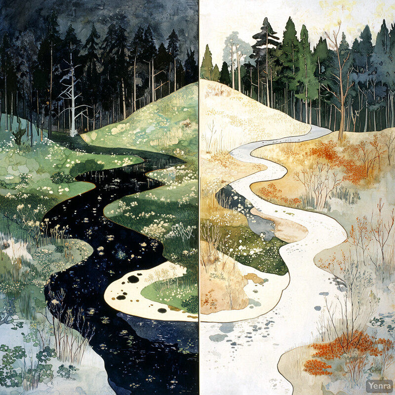 A painting of two landscapes side by side, one depicting winter and the other summer.