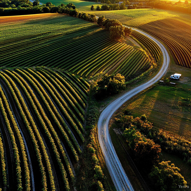 A serene and picturesque landscape of a vineyard or orchard.