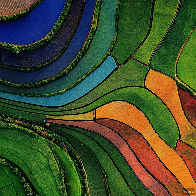 An aerial view of a landscape with variously colored fields and roads/pathways, possibly related to precision agriculture.