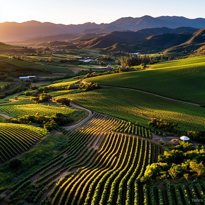 A serene and peaceful image of a rolling hillside covered in rows of crops, with mountains visible in the background.