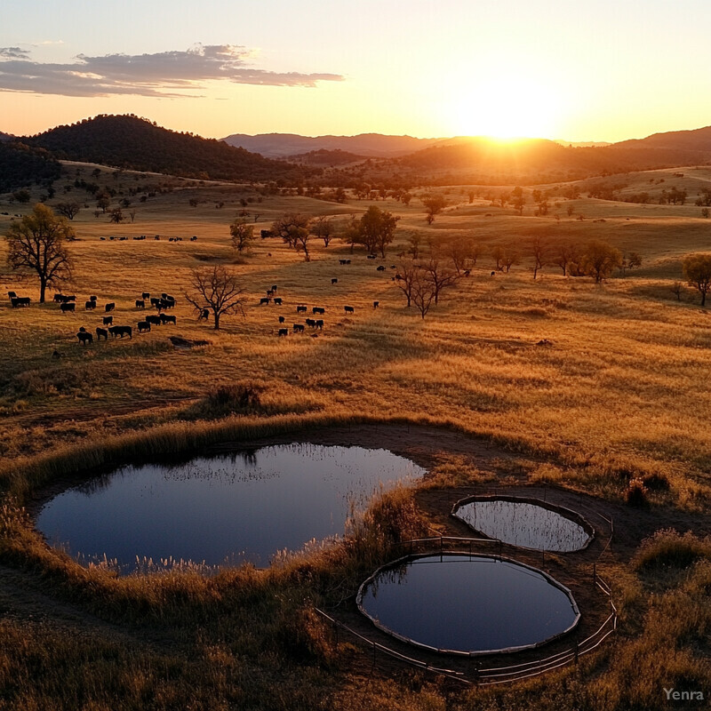 A serene rural landscape at sunset or sunrise, featuring a herd of cattle grazing in the distance and two small ponds in the foreground.