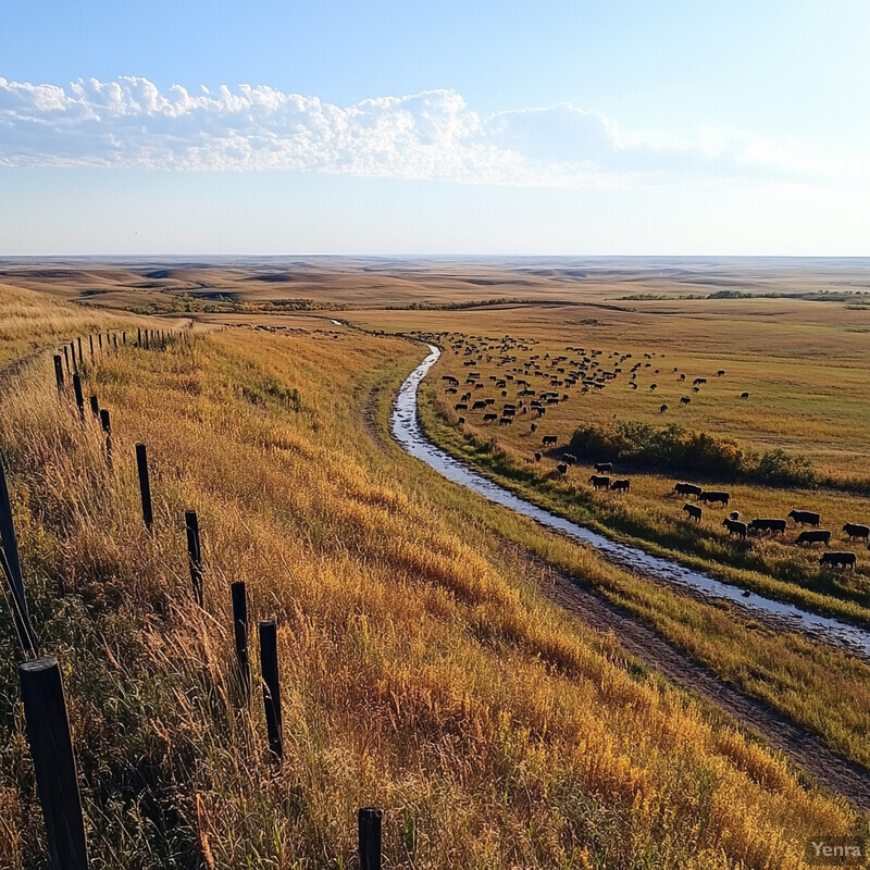 A serene landscape with rolling hills, trees, and a winding road under a clear blue sky.