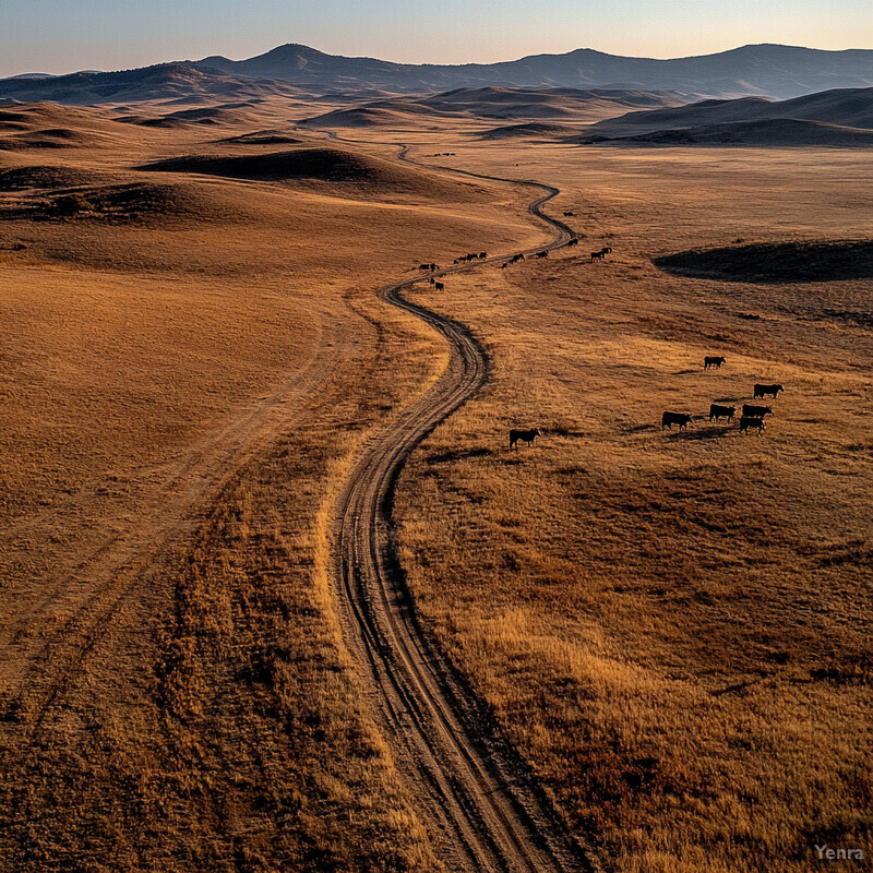 A serene open landscape with a winding dirt road and black cows grazing against a backdrop of distant mountains.