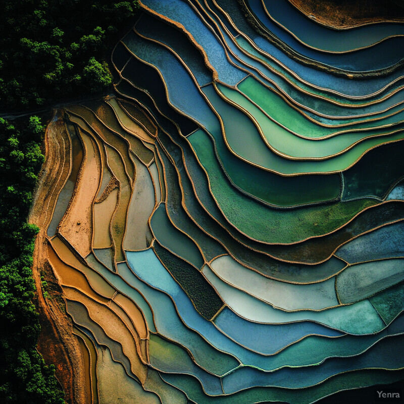 An aerial view of terraced fields designed to prevent soil erosion and facilitate efficient water management.