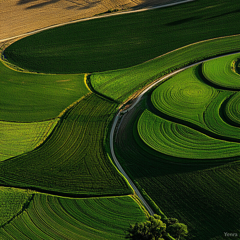 Aerial view of green fields with brown areas in the background, possibly taken during spring or summer.