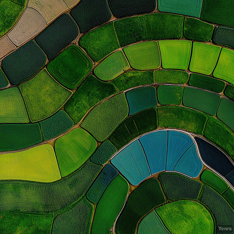 Aerial view of a spiral pattern of fields with varying shades of green and patches of blue.