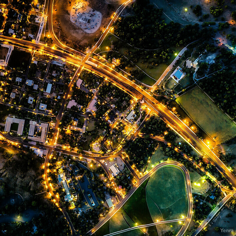 Aerial view of a city's infrastructure and planning at night.