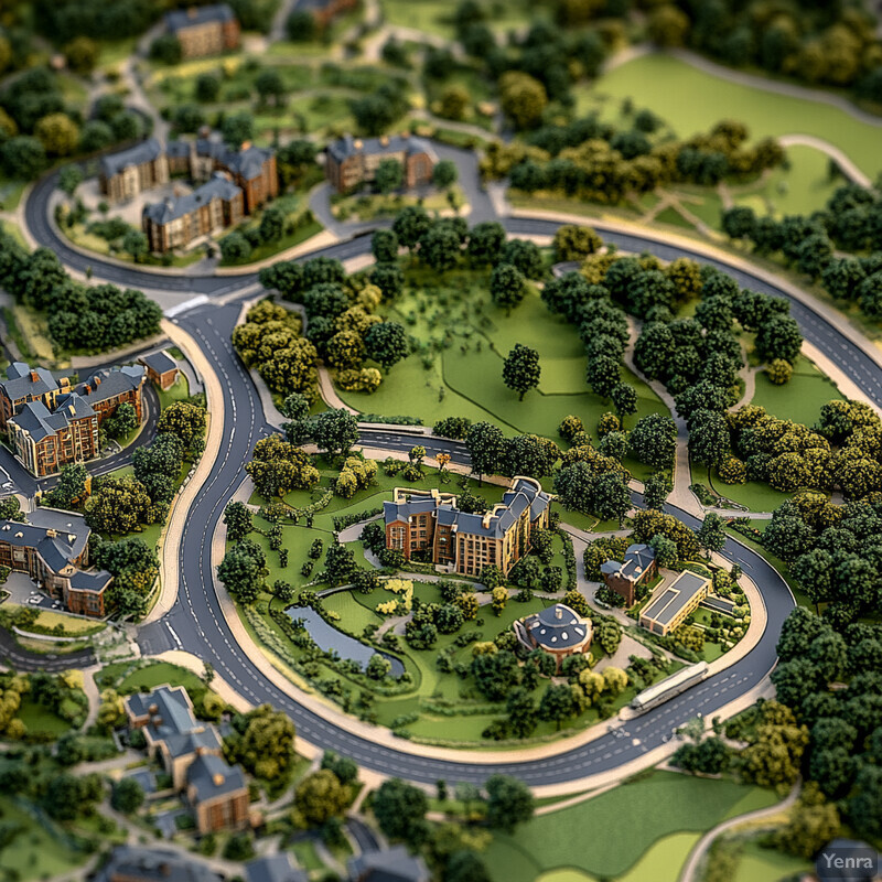 Aerial view of a planned community or neighborhood with buildings and roads in various stages of construction.