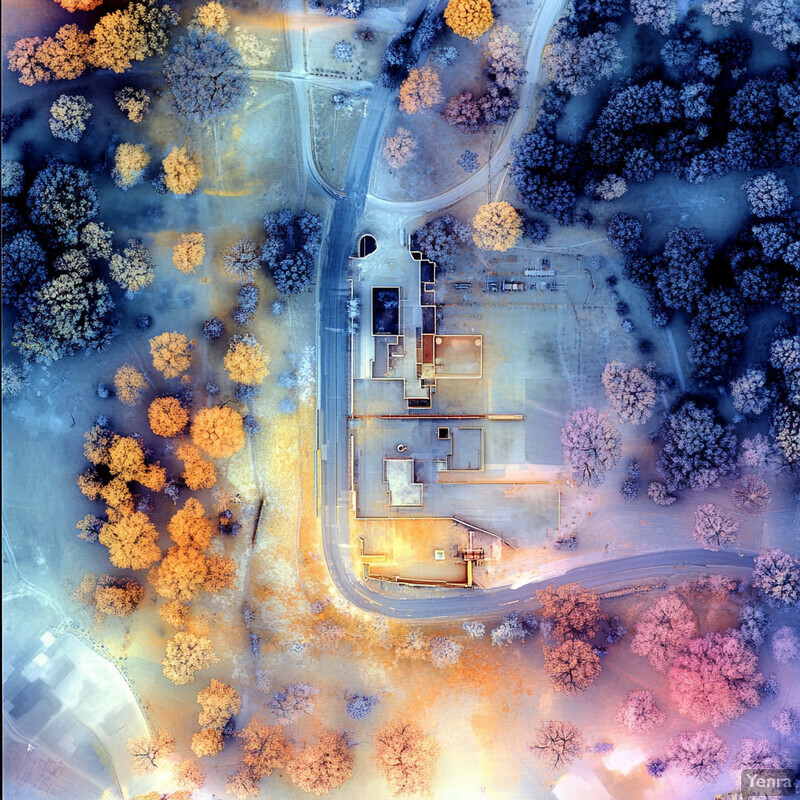 Aerial view of a building surrounded by trees in a natural environment.