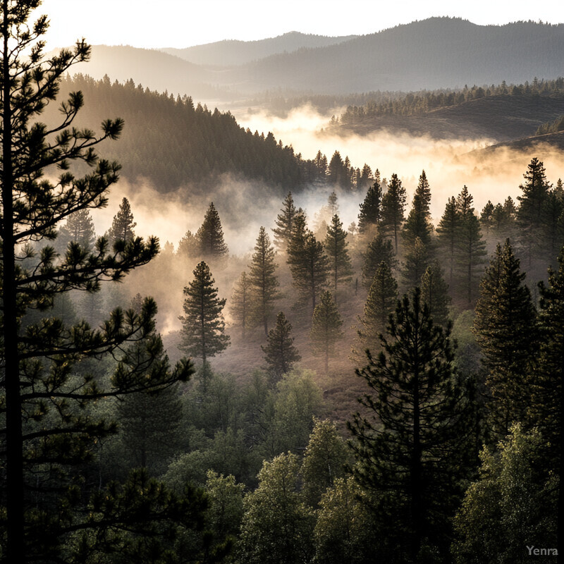 A serene forest landscape with towering trees and rolling hills.