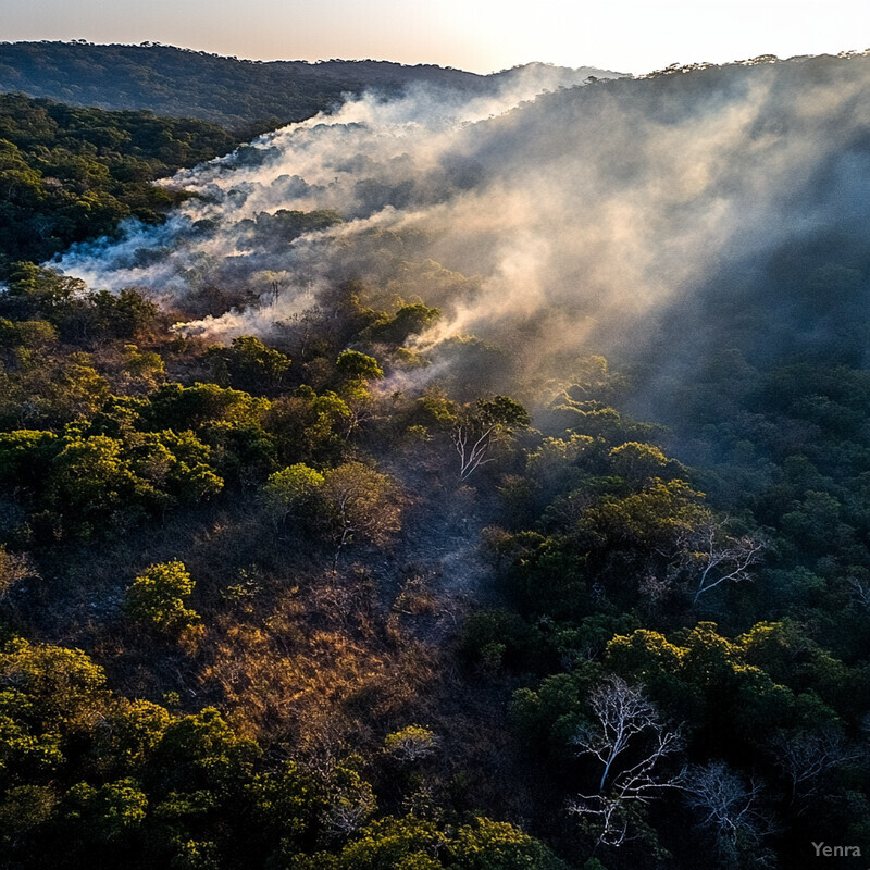 A forest fire is raging through a wooded area, with flames and smoke visible in the distance.