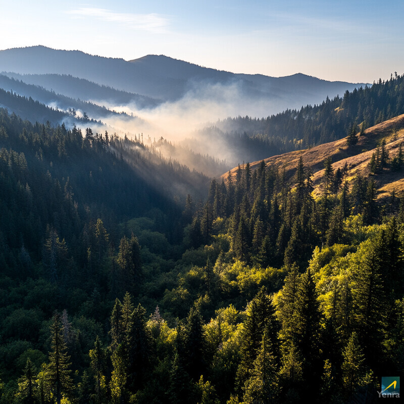 A serene mountainous landscape with lush greenery and towering trees.