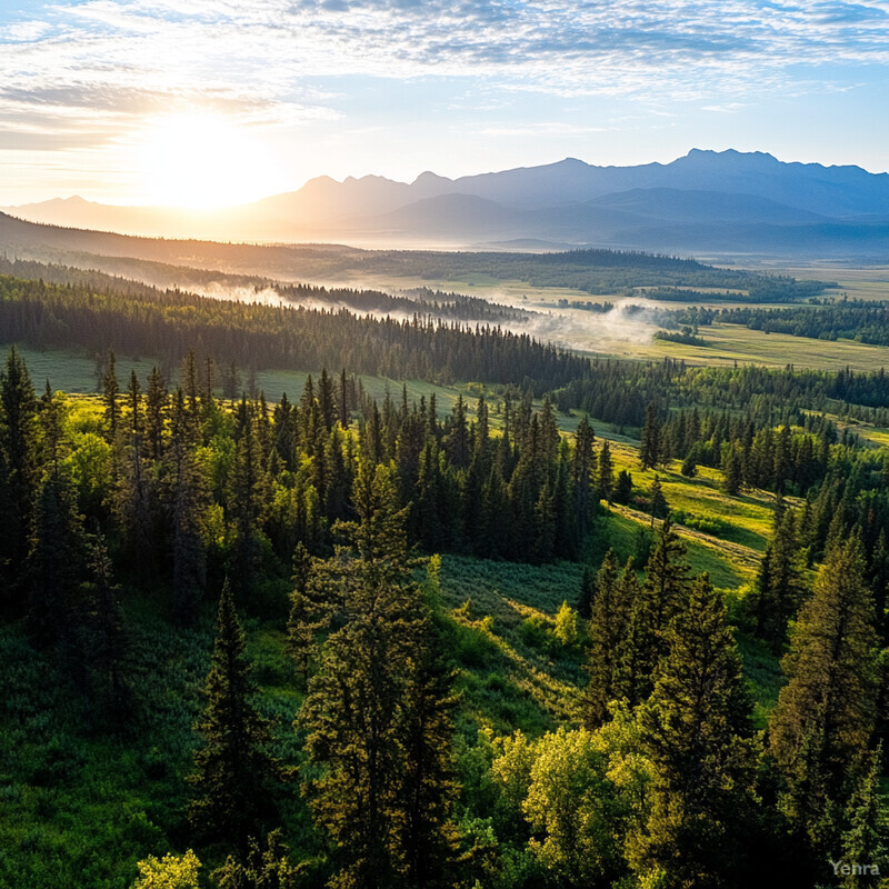 A breathtaking outdoor landscape featuring a valley of greenery with trees and mountains in the background.