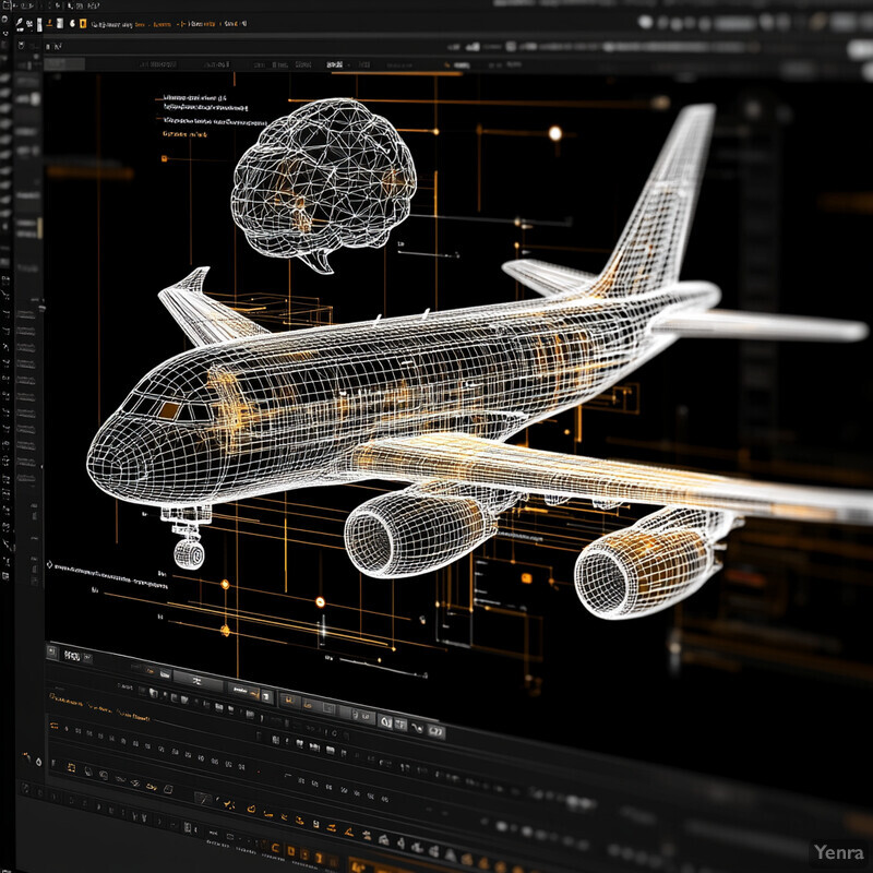 A computer-generated 3D model of an airplane with technical specifications and programming language code displayed.