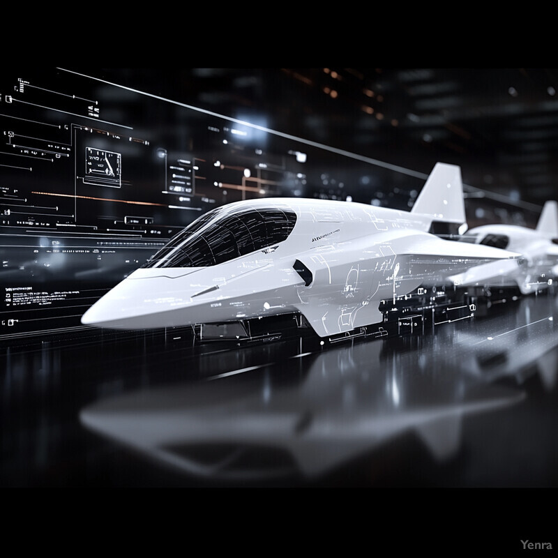 A futuristic aircraft with a pointed nose and large window is shown in a dark hangar or maintenance facility.