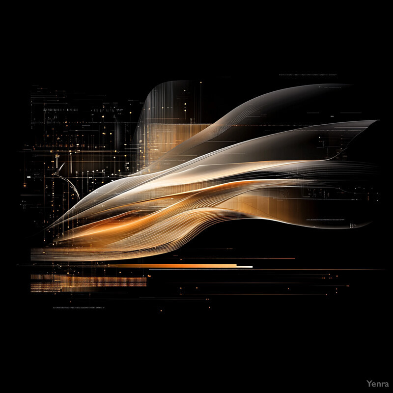 An abstract composition featuring two curved lines in gold and black against a dark background.