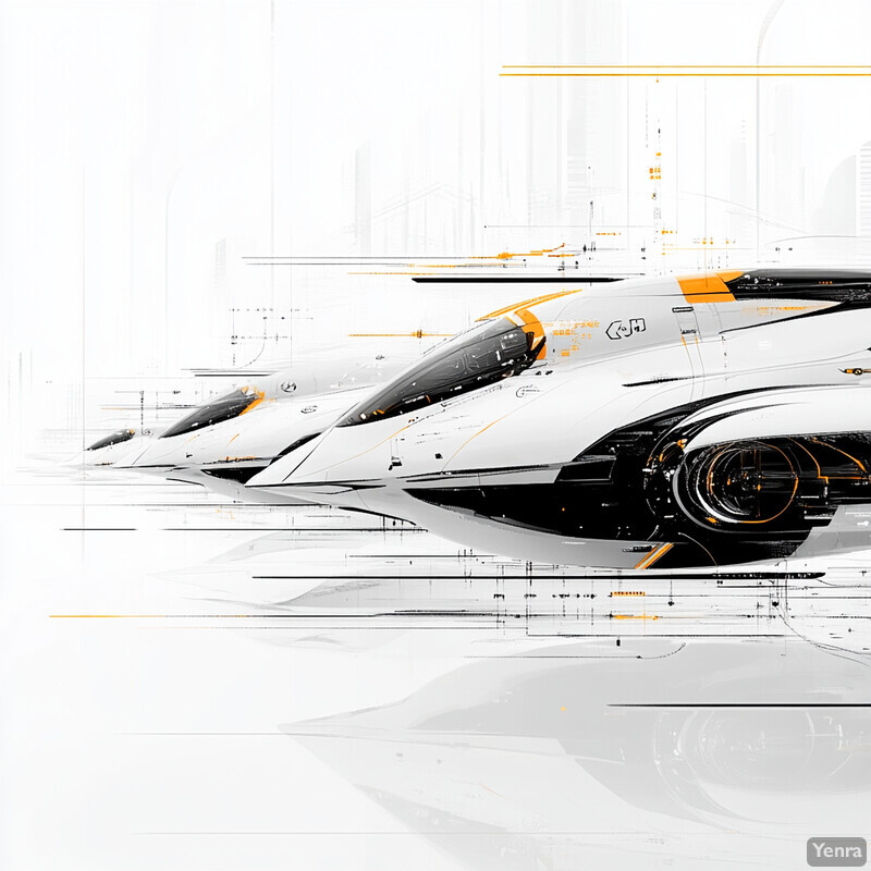 Abstract composition featuring futuristic vehicles with sleek designs and bold colors.