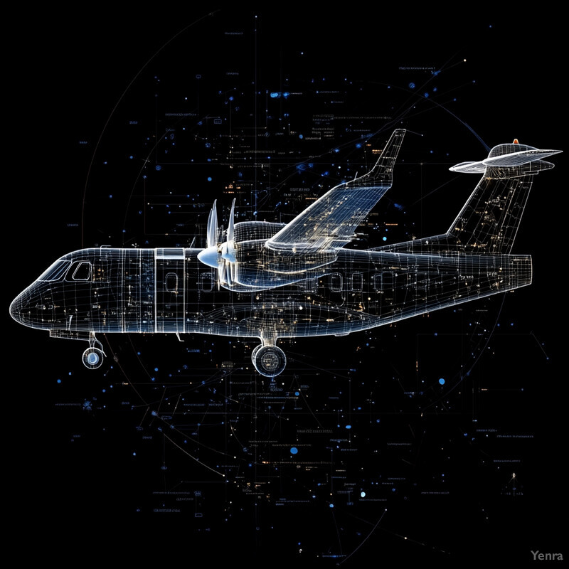 A futuristic airplane blueprint with a sleek and streamlined design, featuring a blue grid-like pattern and curved lines on its wings.