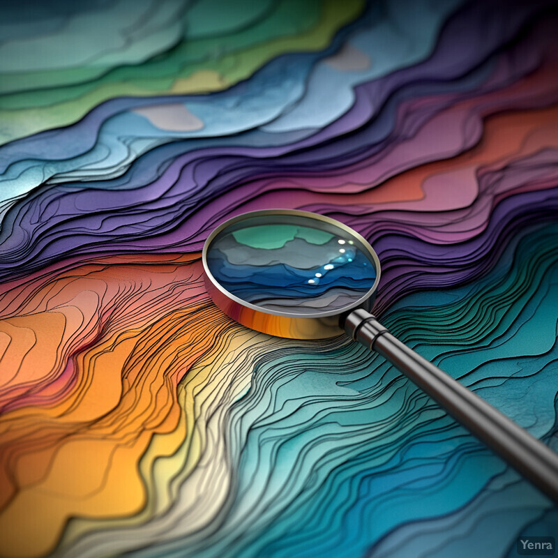 A magnifying glass placed on top of a wavy, colorful paper or fabric background.