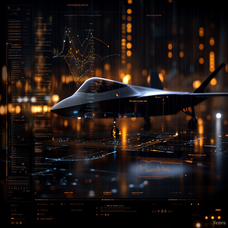 A futuristic aircraft surrounded by computer-generated elements in an abstract background.