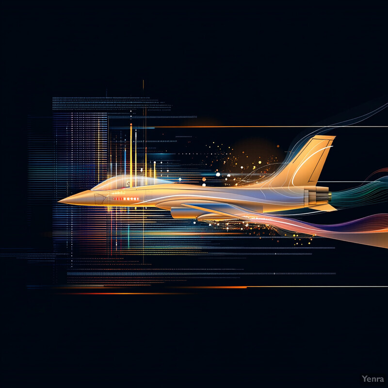 An abstract representation of a fighter jet with geometric shapes and lines forming its body.