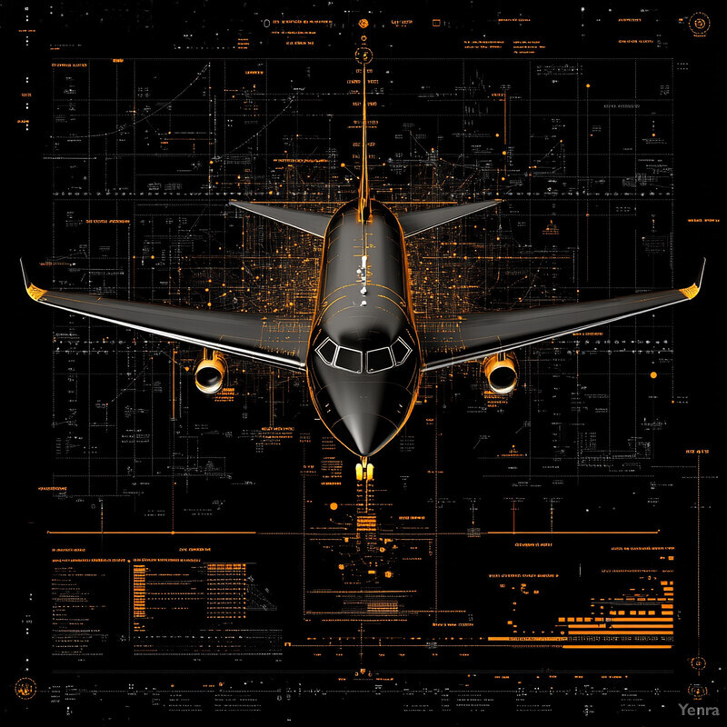 An airplane viewed from directly above, set against a technical blueprint background.