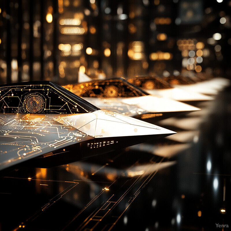 Rows of high-tech cars line up in a futuristic cityscape, showcasing advanced technology and cutting-edge design.