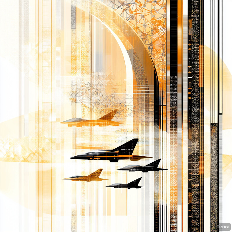 A futuristic cityscape featuring fighter jets and geometric patterns in shades of orange, white, and black.