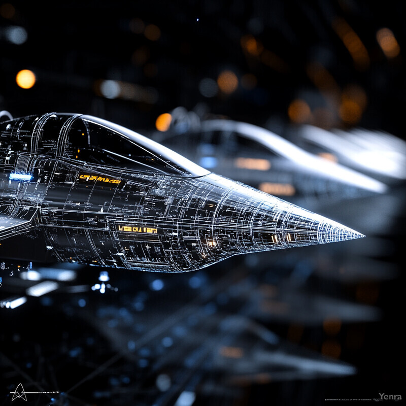 A futuristic spaceship with a sleek design and advanced technology is set against a dark and blurry background, evoking a sense of speed, agility, and exploration.