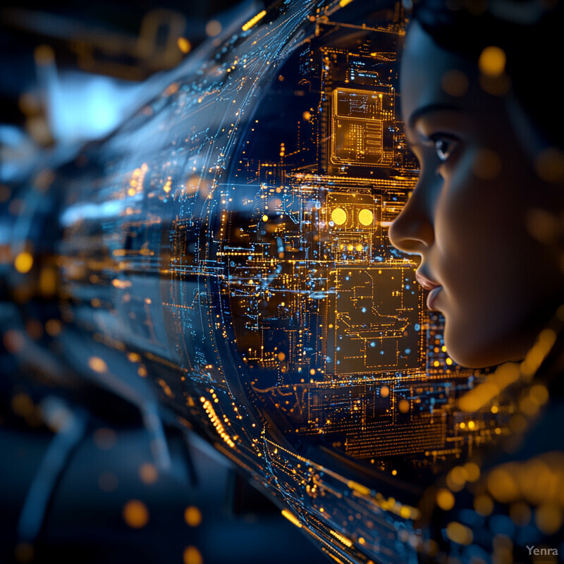 A woman intently stares at a large screen displaying a futuristic cityscape.