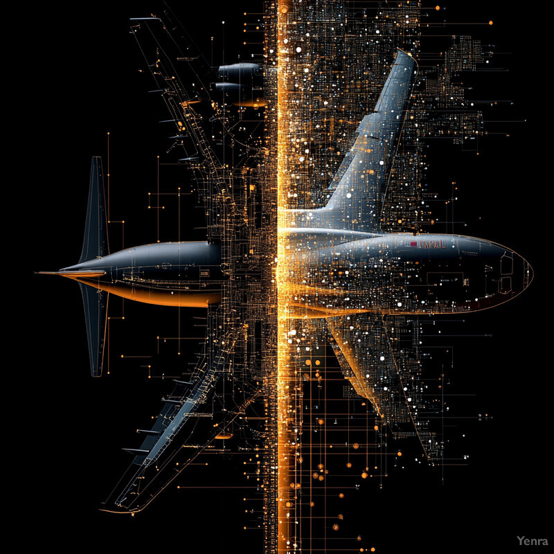 Digital artwork featuring an airplane flying over a city at night.