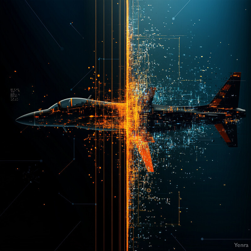 A futuristic fighter jet soars through a digital landscape, its sleek design and advanced technology evoking a sense of high-stakes action and precision engineering.