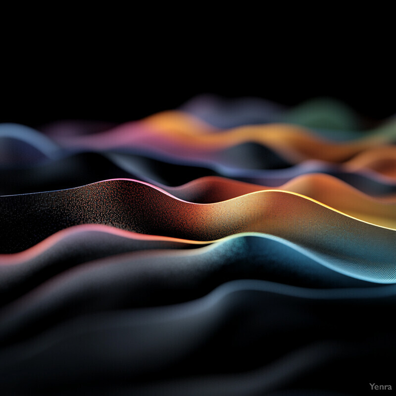 A landscape with undulating hills and valleys, featuring a black background and vibrant orange and blue hues.