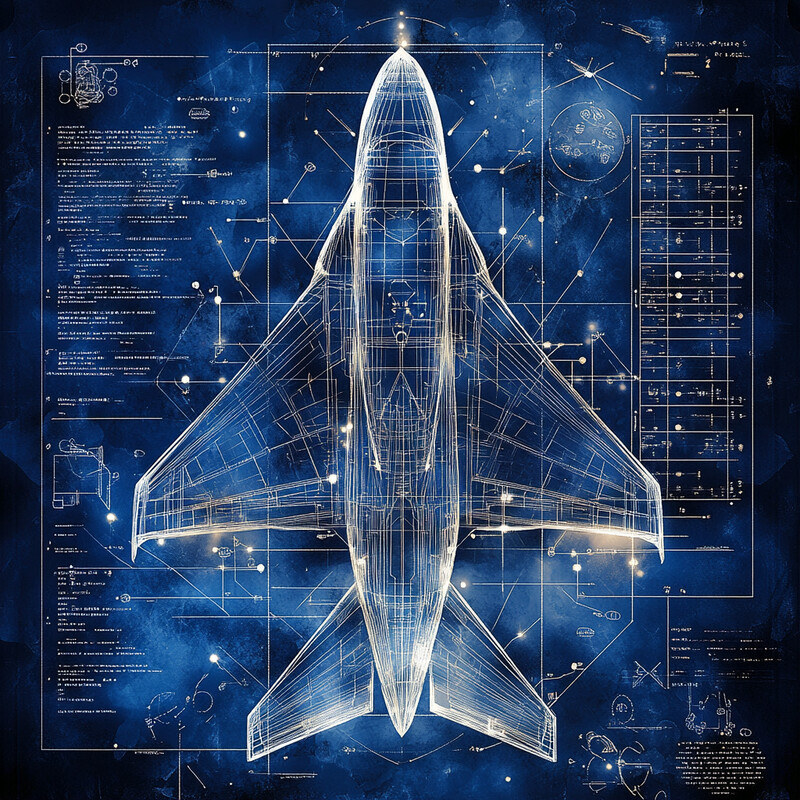 Intricate blueprint of a fighter jet set against a starry night sky background.