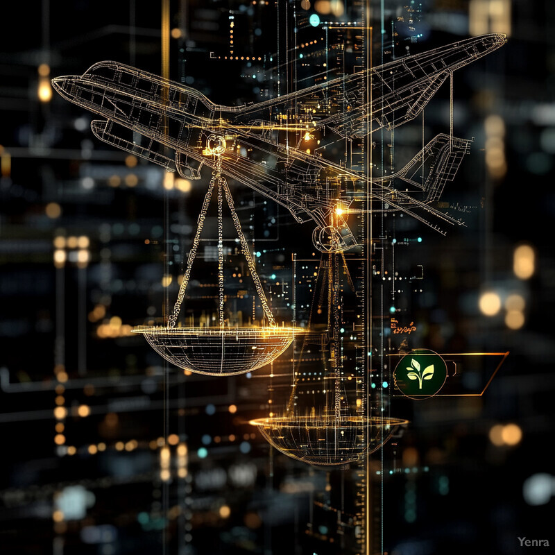 The image features a futuristic design with airplanes and a scale, set against a dark and blurry background that may represent data streams.