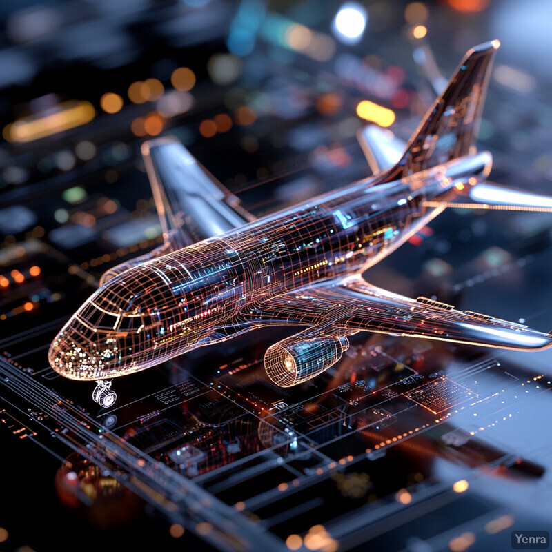 A futuristic-looking airplane with a transparent body and streamlined design, taking off or landing at an airport.