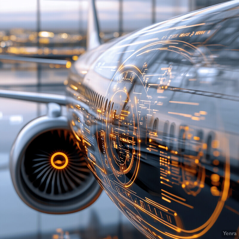 The image shows a plane's engine with an overlay of predictive maintenance symbols.