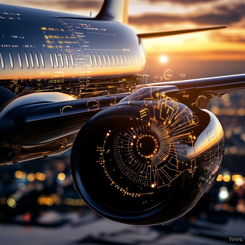 An airplane in flight at sunset or sunrise, showcasing its modern design and possibly advanced technology for efficient fuel consumption.