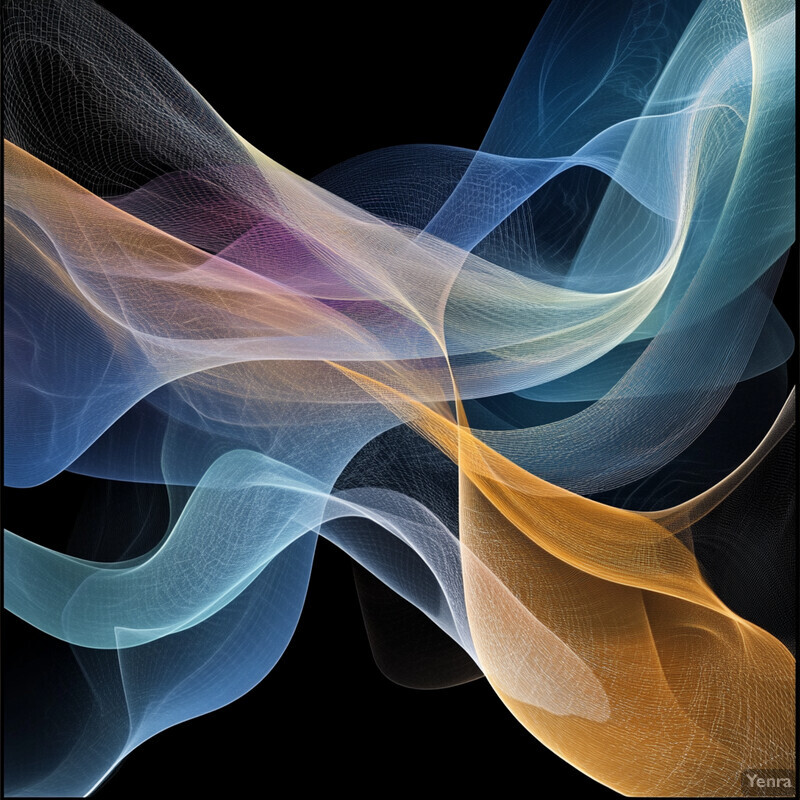 An abstract composition featuring flowing lines and shapes in various shades of blue and orange.