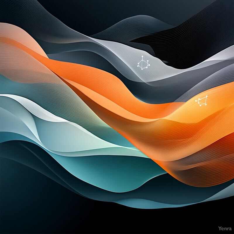 An abstract composition featuring wavy lines and shapes in orange, teal, and white on a black background.