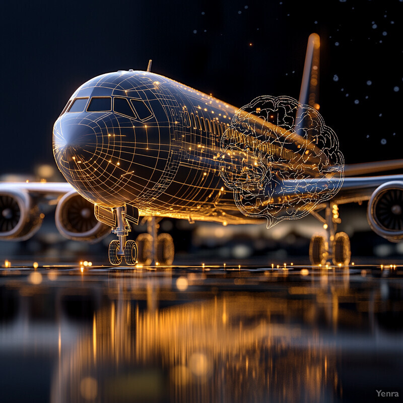 An airplane is shown on the ground at night, with a large engine visible and a smaller one partially obscured by the wing.