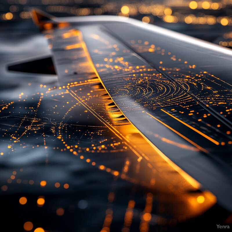 An airplane wing with intricate designs etched into its surface.