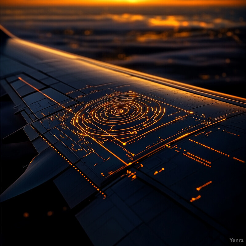 An aerial view of an aircraft's wing tip, featuring an illuminated spiral design.