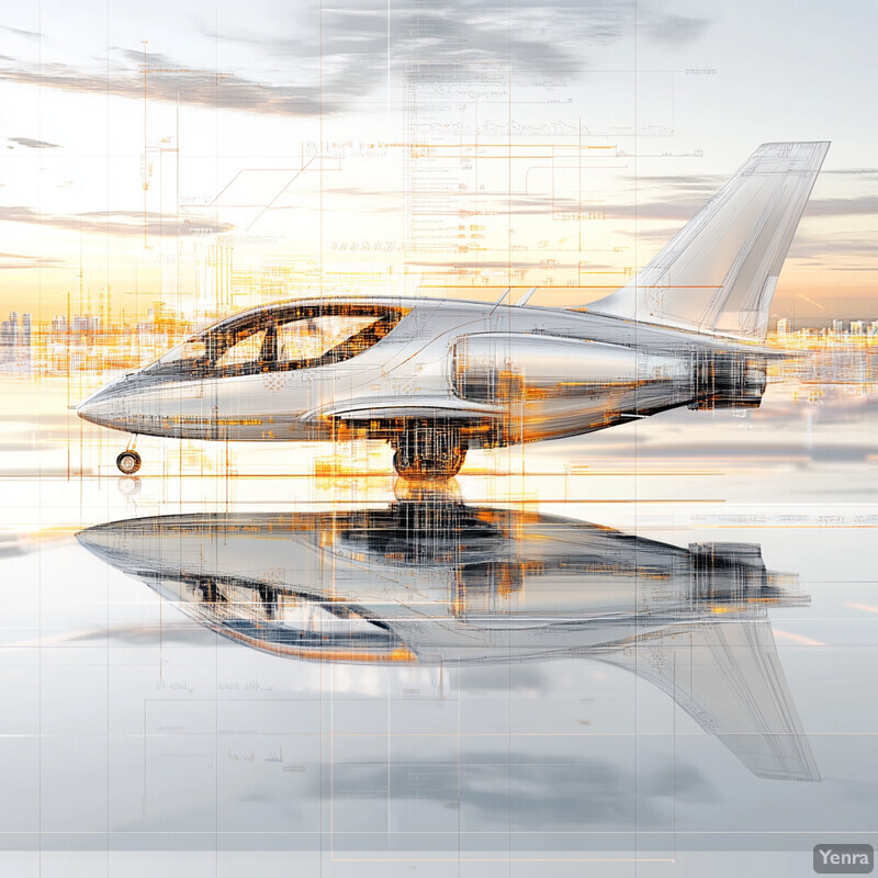 A futuristic airplane is set against a city skyline backdrop in this digital artwork.