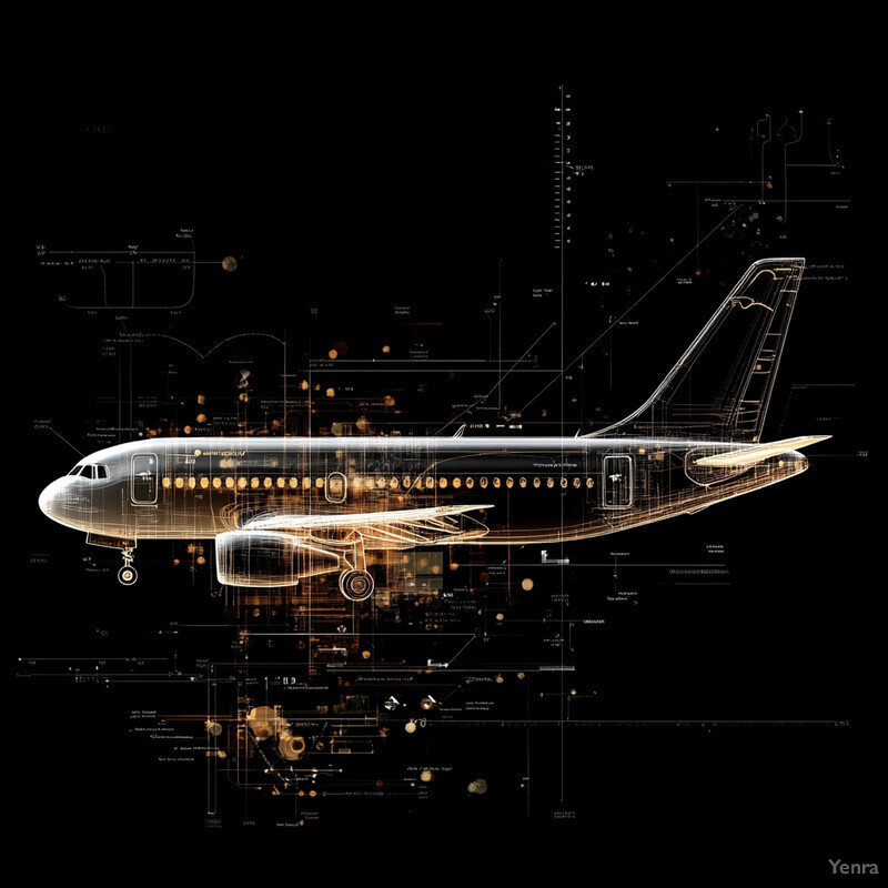 An airplane blueprint or schematic on a black background.