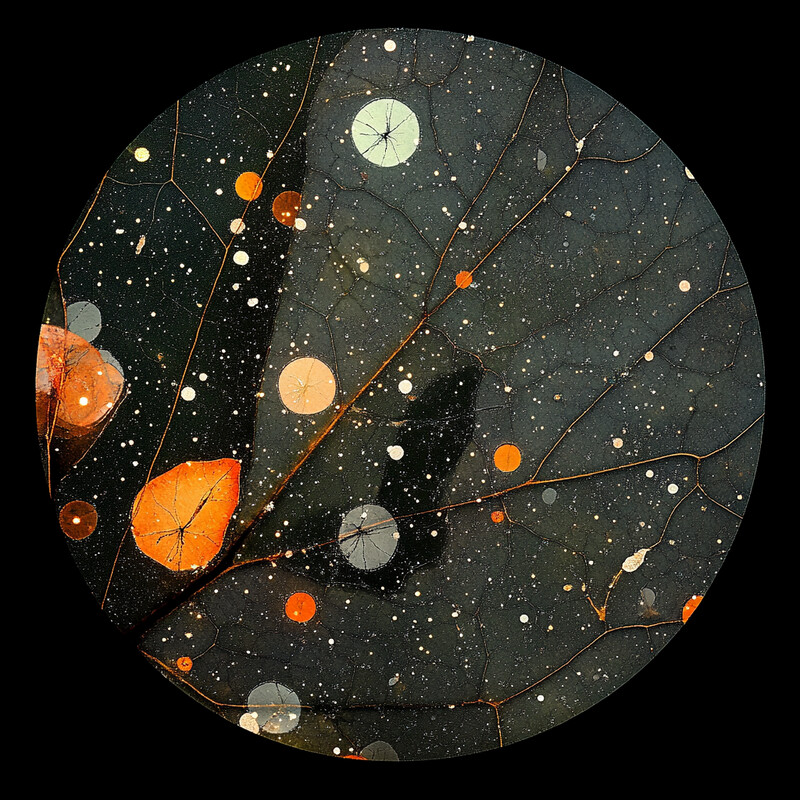 An abstract painting on canvas featuring a black background with orange and white circular shapes.