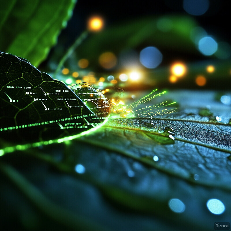 A close-up of a leaf with symbols etched into its surface, set against a blurred background that could represent a digital landscape.