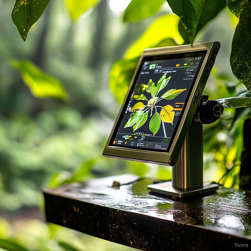 A small device displaying a plant's leaves and branches in an outdoor setting.