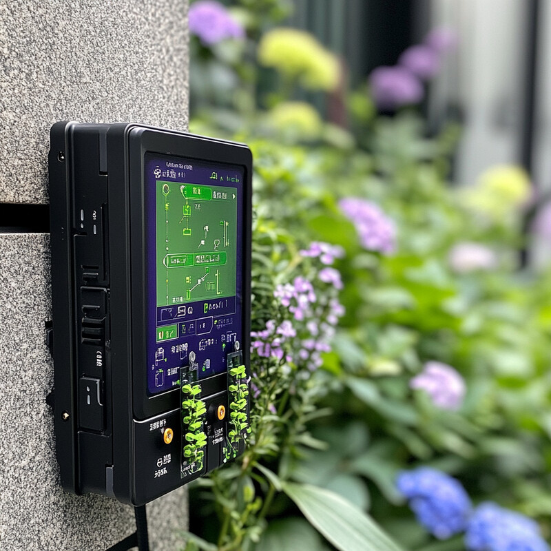 An Early Warning Systems with Sensor Fusion device mounted on a wall in front of a garden.