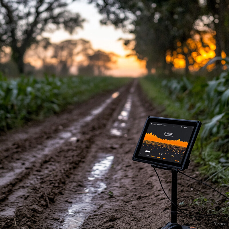 A tablet displaying an orange graph is set up in a muddy field surrounded by green plants and trees.